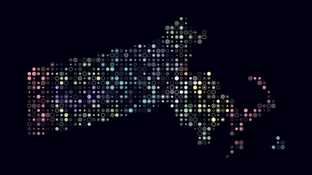 Massachusetts animated shape. Pulsating colored dots on the map of the state. Small size circle blocks. Digital style Massachusetts map on dark background. Classy animation video.