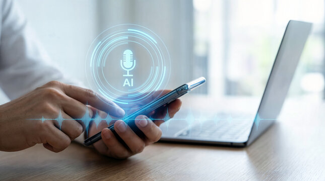 AI assistant voice chat interface.Person interacting through microphone with AI voice chat. Digital communication, speech recognition, and smart technology enabling natural conversation.	