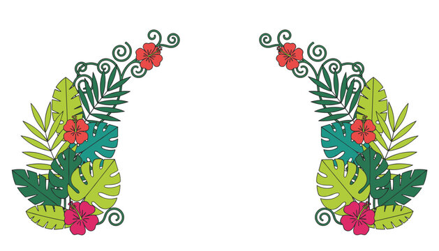 Decorative tropical floral archway with vibrant green leaves and red hibiscus flowers, creating a festive and exotic border.