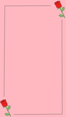 Pink floral frame background with red rose illustrations. Simple dotted border template with copy space. Minimal greeting card layout design.