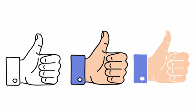Thumbs up hand gesture illustration set. Cartoon hand showing like symbol in outline and flat style isolated on background.