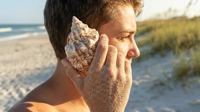 Close Up of Young Man Listening to Spiral Seashell on Sunny Beach