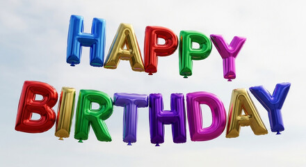 Fototapeta premium Colorful balloons spelling out Happy Birthday against a cloudy sky