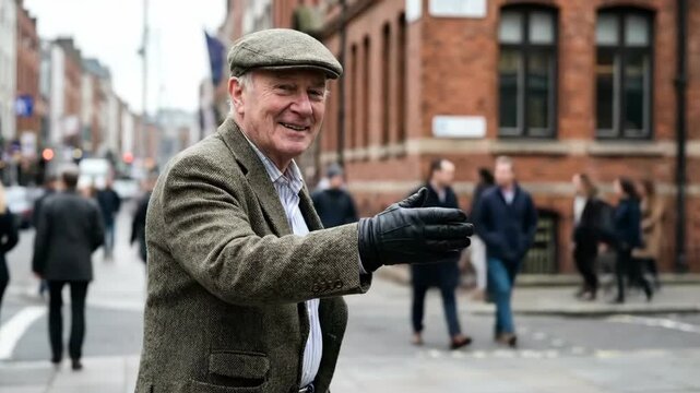 Smiling Senior Man in Tweed Jacket Extending Hand for Handshake on Street