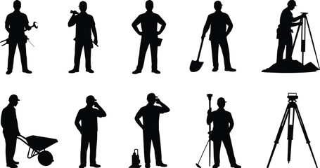 Construction worker silhouettes, engineers, surveyors with tripod, builders with tools, shovel, wheelbarrow, professional civil engineering staff, site workers, industrial labor icons.