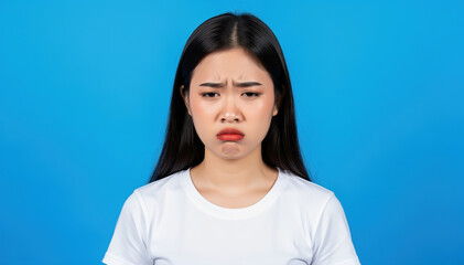 Fototapeta premium Emotions on Display: A close-up portrait of a woman, her face etched with a visible sign of distress, perhaps a poignant moment of sadness or sorrow. 