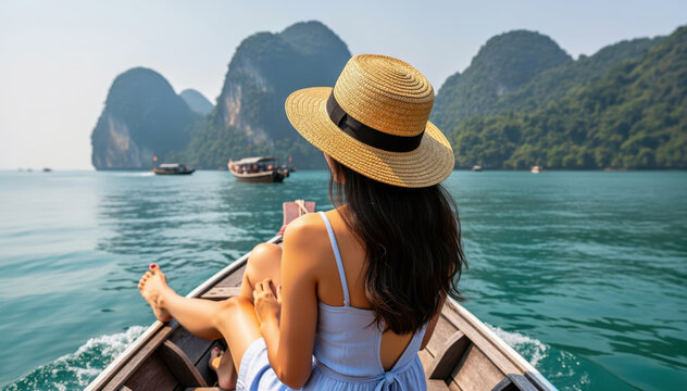 Serene Boat Ride: A woman with straw hat, sitting on a boat, embraces the open sea as she cruises, reveling in the tranquility of the scenery. The boat cuts through the tranquil water.