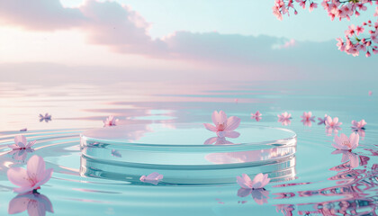 淡いパステルカラーの空と水面、波紋が広がる透明な円形ステージのモックアップ