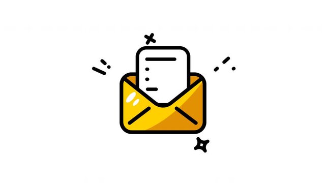 animation Yellow Open Envelope with Document Icon, Receiving New Mail or Message Notification