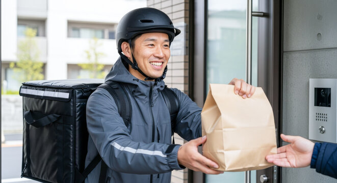 フードデリバリーの配達員：玄関先で笑顔で商品を手渡すスタッフ