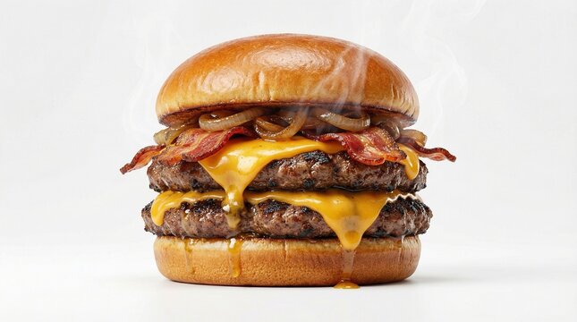 A delicious hamburger with a juicy grilled beef patty, melted cheese, fresh lettuce, ripe tomato slices, crunchy pickles, and creamy sauce, all stacked inside a soft toasted sesame seed bun. The burge