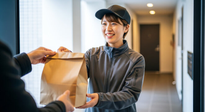 フードデリバリーの配達員：玄関先で笑顔で商品を手渡すスタッフ