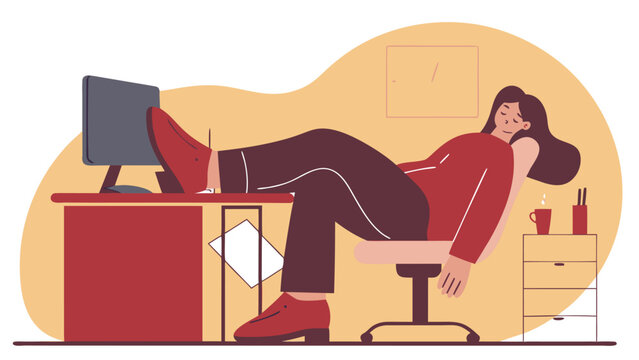 Tired woman in a red sweater and dark pants sleeps in an office chair with feet on the desk.