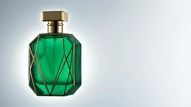 An emerald green perfume bottle featuring gold geometric accents presented in a high fidelity close up realistic animation with sharp focus clean air vibrant natural colors and high contrast