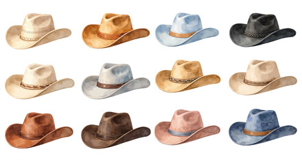 A charming watercolor collection of cowboy hat clipart, including western hats in neutral tones, leather bands, curved brims, and soft vintage shading. © liana
