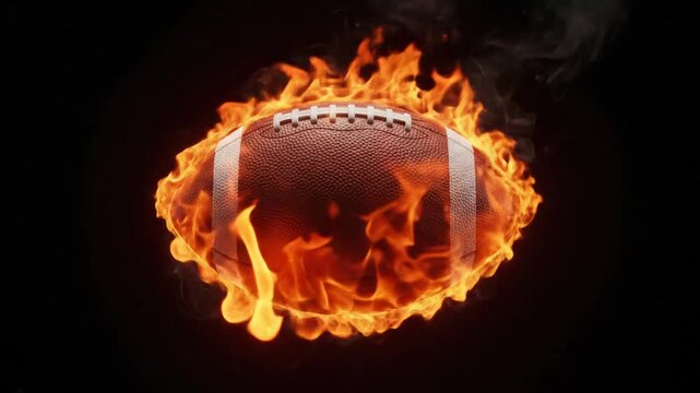 American football on fire, dynamic motion, intense heat, stadium, sport concept