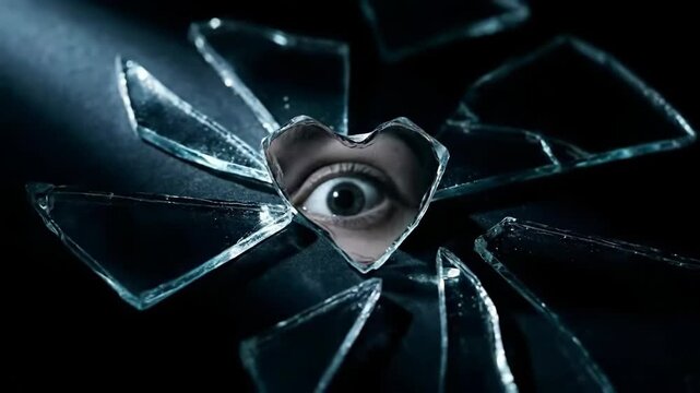 Human Eye Looking from Heart Shaped Shard of Broken Mirror Glass