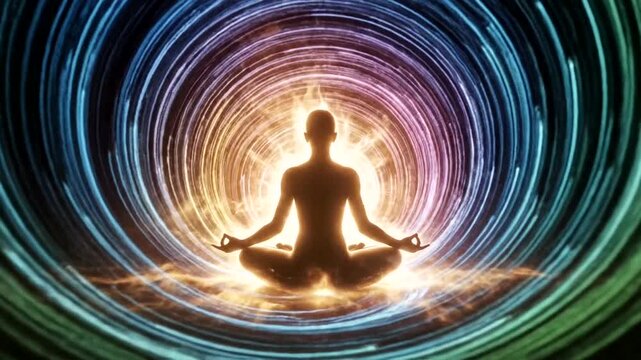 Meditating Person Surrounded by Vibrant Swirling Lights.