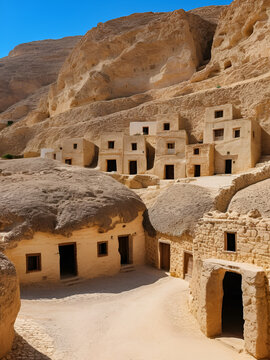 Panorama: Traditional troglodyte houses carved into rock in Matmata, Tunisia. Ancient underground dwellings in arid desert landscape, historic Berber architecture and cultural heritage site