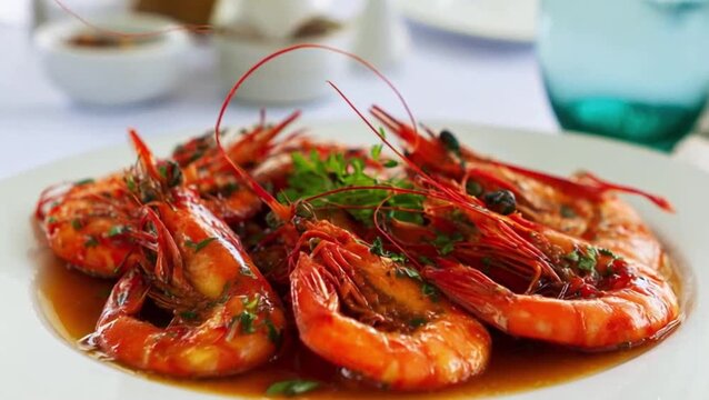 Succulent Braised Prawns in Glossy Red Oil Sauce, Whole Large Shrimp with Shells On, Garnished with Chopped Scallions and Ginger Strips, Rich Aromatic Sauce with Garlic and Soy, Served on a White Cera