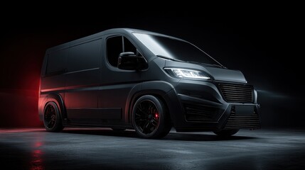 Fototapeta premium Modern van parked in a dark studio setting with focused lighting highlighting its design features