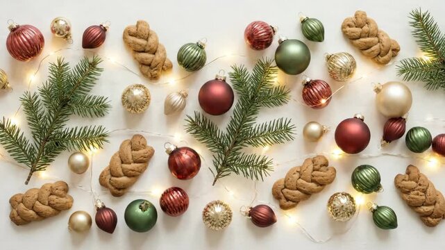 Christmas Decorations and Braided Cookies with Ornaments on White Background