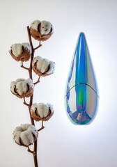 Natural cotton stems juxtaposed with a futuristic holographic oil bottle for a serene cyber botanical spa wellness concept, bottle, luxury, modern
