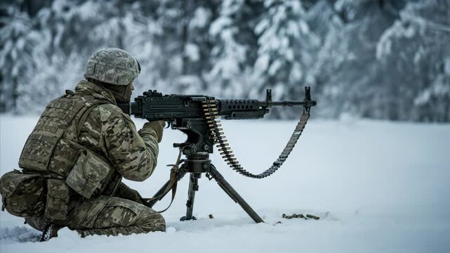 Soldier firing a machine gun in a snowy forest during winter, muzzle flash