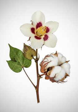 Detailed scientific illustration of a cotton plant herbaria sheet, focusing on high-resolution botanical accuracy of flowers and bolls, natural, accurate, boll