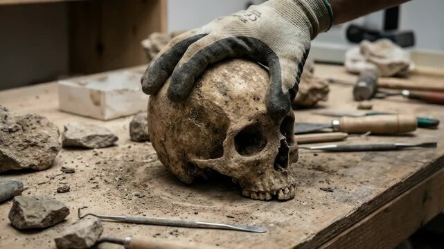 Close up of an archaeologist hand holding and examining an ancient human skull on a dusty workbench full of tools and dirt