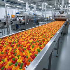 Massive Production Line of Colorful Gummy Bears in a Food Processing Plant