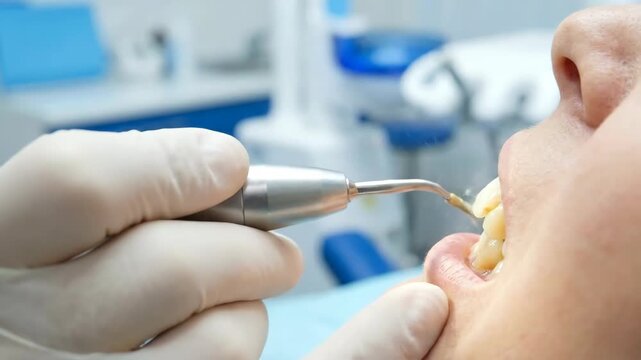 Close Up of Dentist Removing Plaque with Ultrasonic Scaler from Patient Teeth