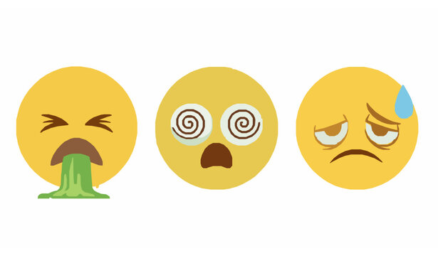 Nauseated and vomiting yellow emoji face icon set vector isolated on transparent background