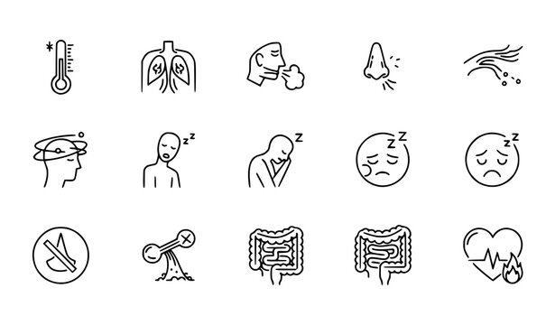Healthcare symptom outline icon collection thin line vector isolated on transparent background