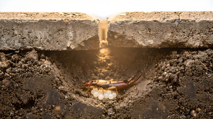 Fototapeta premium Earwig insect guarding eggs in underground burrow with soil and concrete