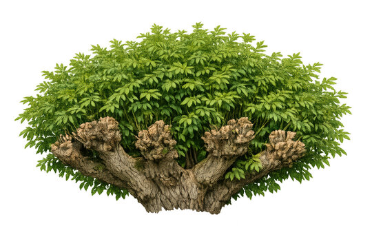 Mature pollard tree growing new green leaves with gnarly cut branches, isolated on transparent background