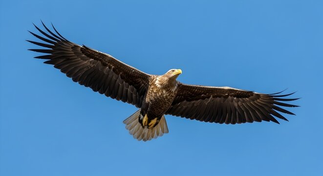 Magnificent white tailed sea eagle with massive wingspan soaring high against a vibrant clear blue sky background
