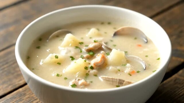 Delicious Creamy Clam Chowder Soup with Potatoes and Herbs in a White Bowl on a Wooden Table.