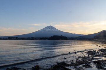 Fototapeta premium Sunset view of Mount Fuji from garden at Oishi Park along the Lake Kawaguchi in Japan.