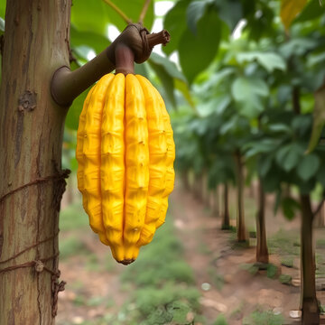 a yellow maturate cacao on a background of green tree on farm