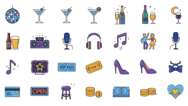 Collection of party and celebration icons and symbols.