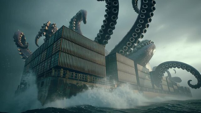 Kraken Attack Giant octopus tentacles emerging from turbulent ocean near cargo containers.