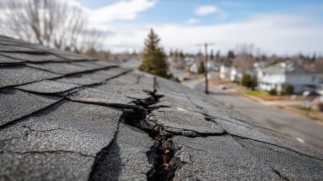Close up View of Cracked Shingles on a Roof After Extreme Heat Shows Impact of Climate Change on Building Materials in Residential Area