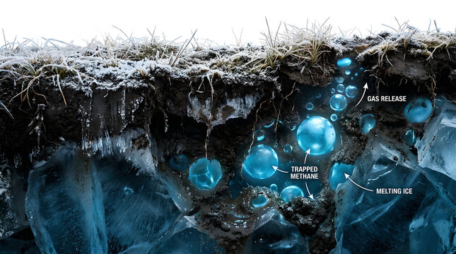 Climate change concept with melting ice and trapped methane bubbles