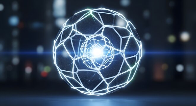 Abstract glowing sphere with intricate geometric network structure, representing technology, data, or global connections against a blurred city background.