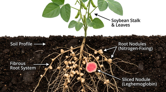 Soybean plant with labeled root system and soil profile
