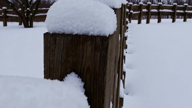 snowcovered wooden fence posts in yard, soft powder forming rounded caps on weathered posts, rows of fence receding into muted winter landscape, chilly pale light and quiet still atmosphere, textured