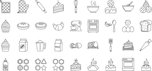 Naklejka premium Collection of black and white line baking and food cooking line black and white oven