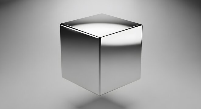 Shiny chrome cube reflecting light on a gradient background, representing abstract geometry, technology, or modern design.