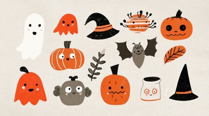 Obraz premium Collection of Cute Hand Drawn Halloween Characters for Party Invitations, Greeting Cards, and Social Media Posts